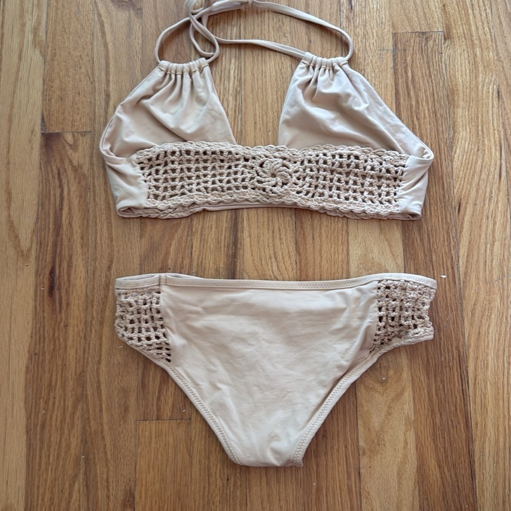 Frankie's Bikinis sz L‎ Tan Bikini Swim Set, crocheted details great condition